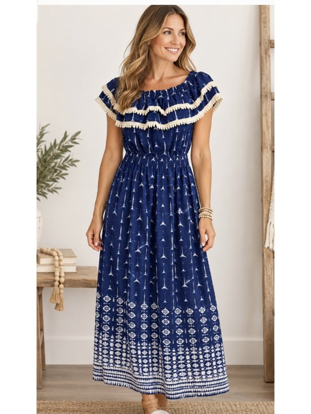 Miss Me Dress Women's Size Small Off Shoulder Blue Tie Dye Maxi  Sleeveless NWT